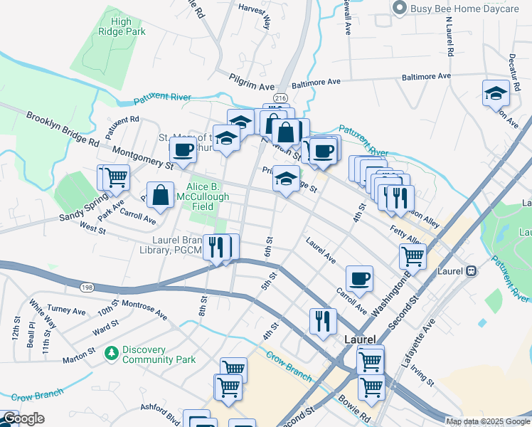 map of restaurants, bars, coffee shops, grocery stores, and more near 602 Park Avenue in Laurel