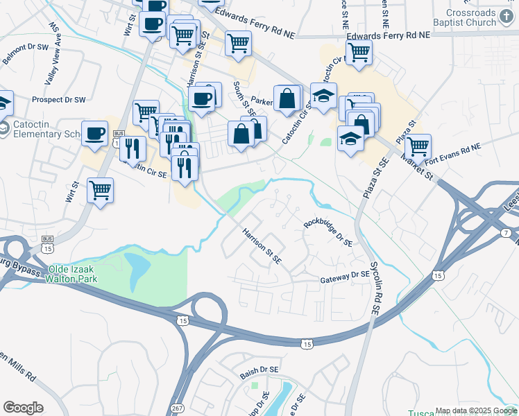 map of restaurants, bars, coffee shops, grocery stores, and more near 210 Shenandoah Street Southeast in Leesburg