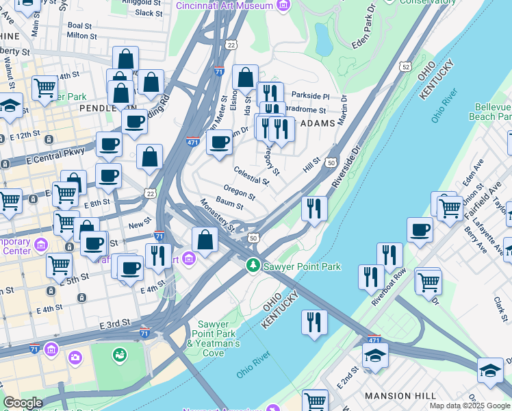 map of restaurants, bars, coffee shops, grocery stores, and more near 329 Oregon Street in Cincinnati