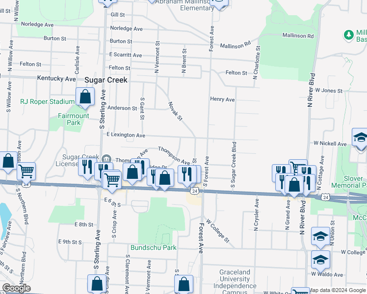 map of restaurants, bars, coffee shops, grocery stores, and more near 405 Ridge Drive in Sugar Creek