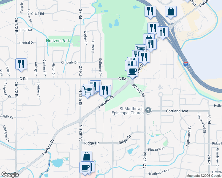 map of restaurants, bars, coffee shops, grocery stores, and more near 1459 Racquet Way in Grand Junction