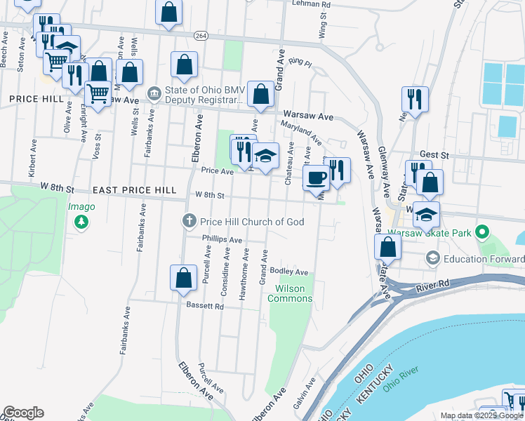 map of restaurants, bars, coffee shops, grocery stores, and more near 741 Grand Avenue in Cincinnati