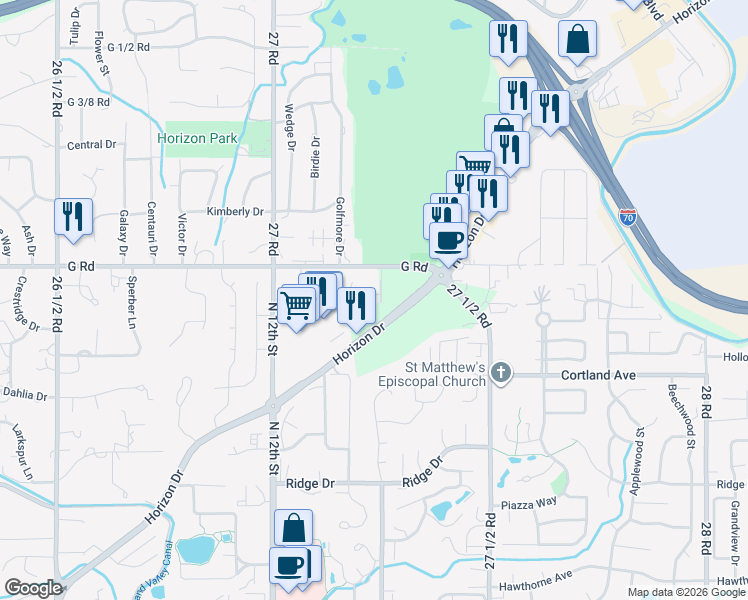 map of restaurants, bars, coffee shops, grocery stores, and more near 1459 Racquet Way in Grand Junction