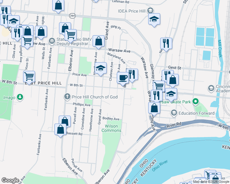 map of restaurants, bars, coffee shops, grocery stores, and more near 769 Summit Avenue in Cincinnati