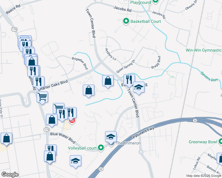 map of restaurants, bars, coffee shops, grocery stores, and more near 206 Arcadia Shores Circle in Odenton