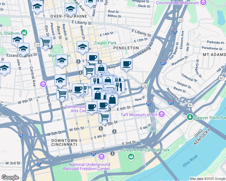 map of restaurants, bars, coffee shops, grocery stores, and more near 224 East 8th Street in Cincinnati