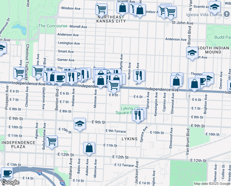 map of restaurants, bars, coffee shops, grocery stores, and more near 3826 East 6 Street in Kansas City