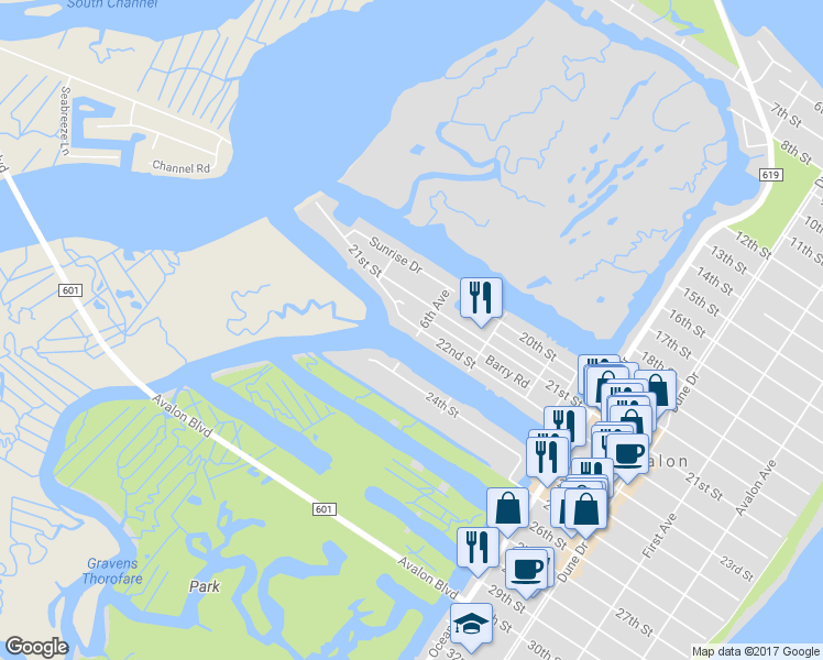 map of restaurants, bars, coffee shops, grocery stores, and more near 604 22nd Street in Avalon