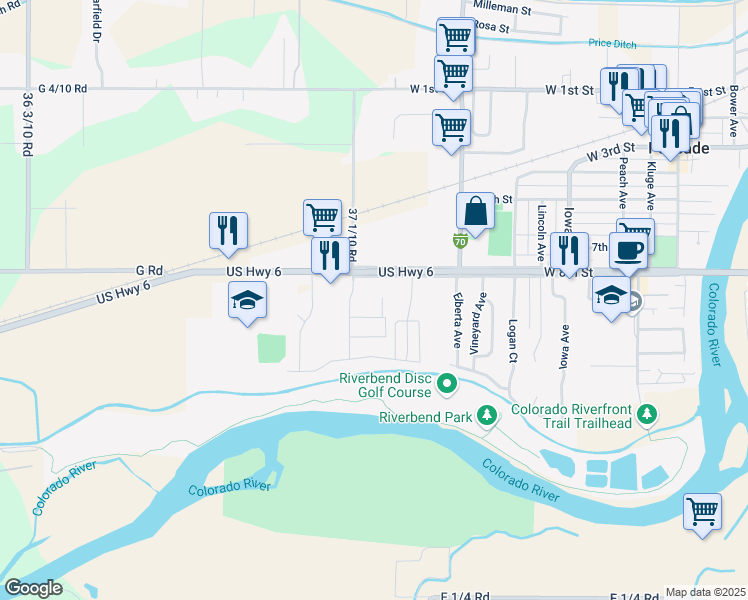 map of restaurants, bars, coffee shops, grocery stores, and more near 3713 G Road in Palisade