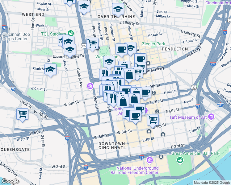 map of restaurants, bars, coffee shops, grocery stores, and more near in Cincinnati