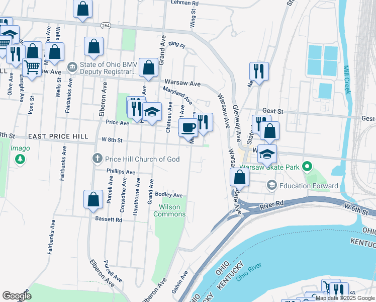 map of restaurants, bars, coffee shops, grocery stores, and more near 753 Mount Hope Avenue in Cincinnati