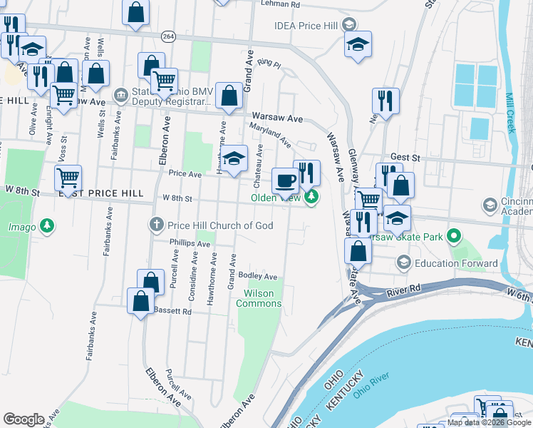 map of restaurants, bars, coffee shops, grocery stores, and more near 769 Summit Avenue in Cincinnati