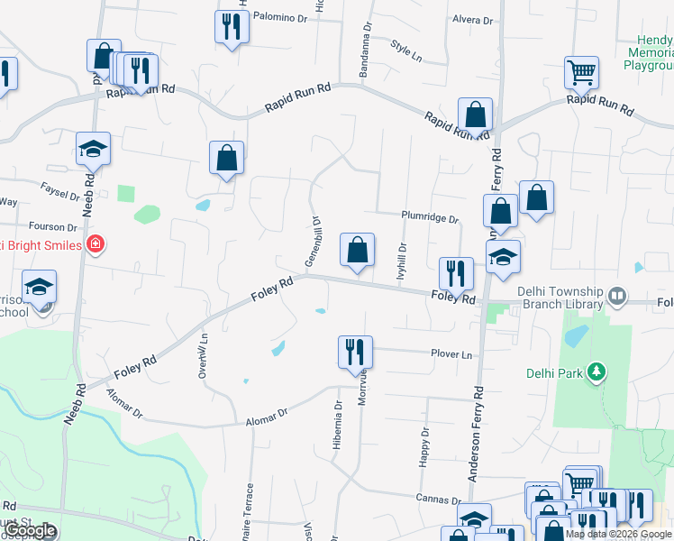 map of restaurants, bars, coffee shops, grocery stores, and more near 5428 Foley Road in Cincinnati
