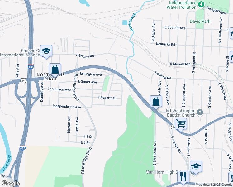 map of restaurants, bars, coffee shops, grocery stores, and more near 8912 East Roberts Street in Independence