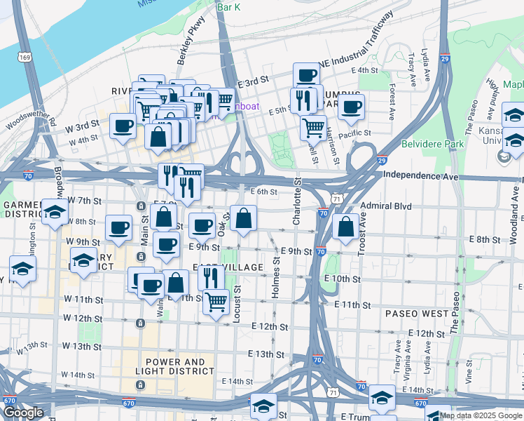 map of restaurants, bars, coffee shops, grocery stores, and more near 600 Admiral Boulevard in Kansas City
