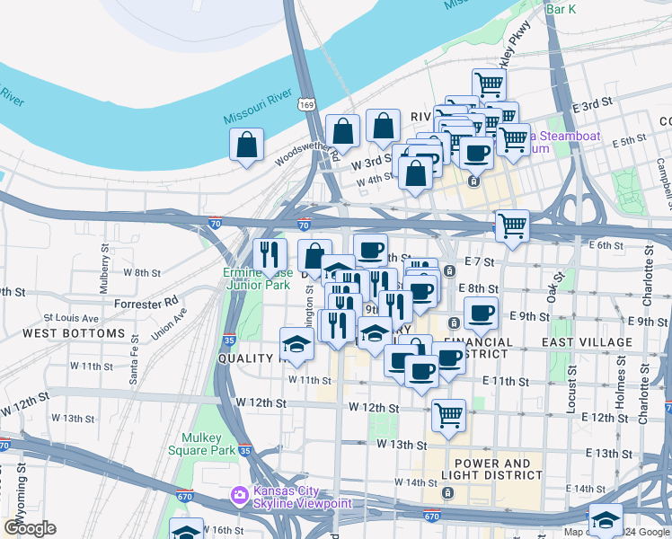 map of restaurants, bars, coffee shops, grocery stores, and more near in Kansas City