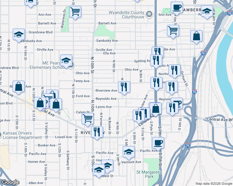 map of restaurants, bars, coffee shops, grocery stores, and more near 908 Reynolds Avenue in Kansas City