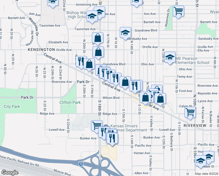 map of restaurants, bars, coffee shops, grocery stores, and more near 14 South 17th Street in Kansas City