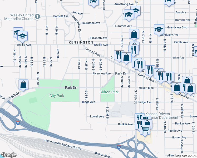 map of restaurants, bars, coffee shops, grocery stores, and more near 27 South 24th Street in Kansas City