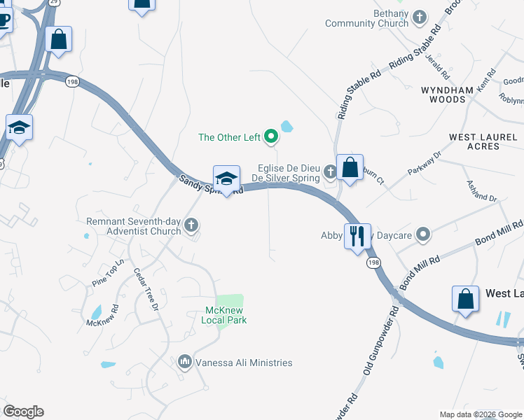 map of restaurants, bars, coffee shops, grocery stores, and more near 15212 Birmingham Drive in Burtonsville