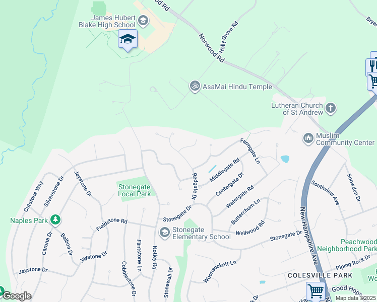 map of restaurants, bars, coffee shops, grocery stores, and more near 15205 Rockport Drive in Silver Spring