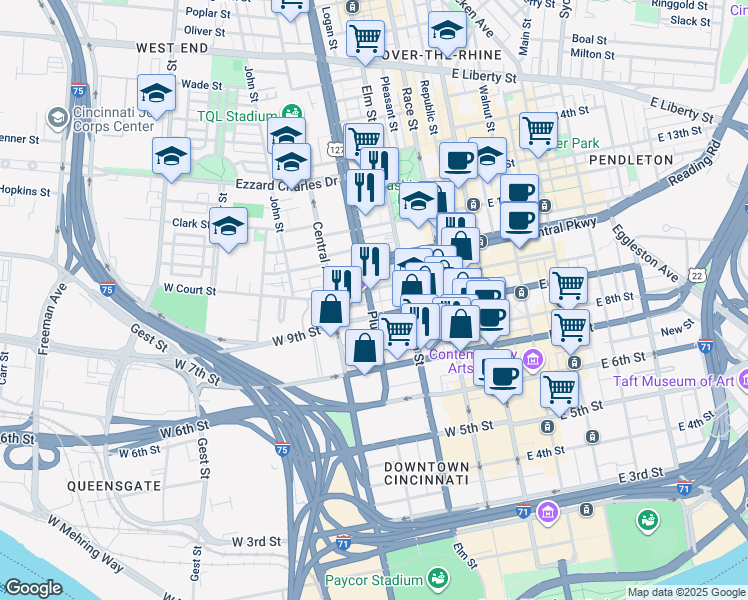 map of restaurants, bars, coffee shops, grocery stores, and more near 302 West 9th Street in Cincinnati