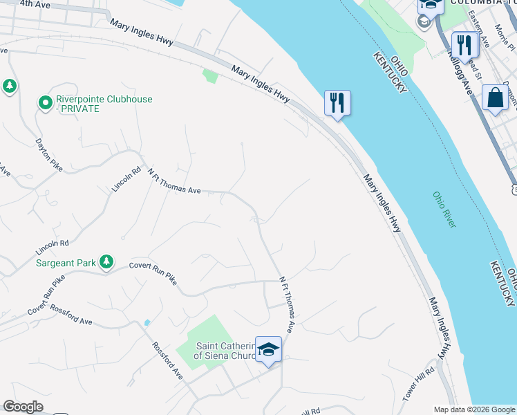 map of restaurants, bars, coffee shops, grocery stores, and more near 2210 North Fort Thomas Avenue in Fort Thomas