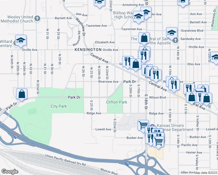 map of restaurants, bars, coffee shops, grocery stores, and more near 17 South 23 Street in Kansas City