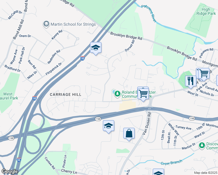 map of restaurants, bars, coffee shops, grocery stores, and more near 15613 Dorset Road in Laurel