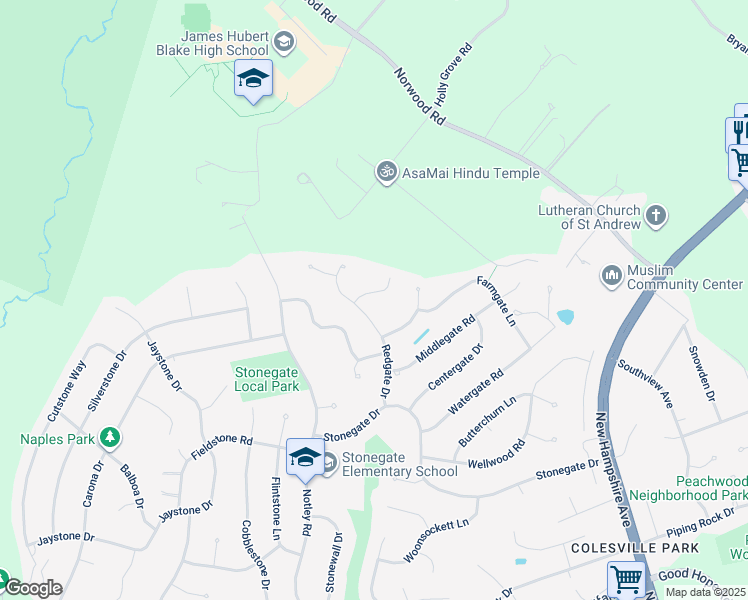 map of restaurants, bars, coffee shops, grocery stores, and more near 15205 Rockport Drive in Silver Spring