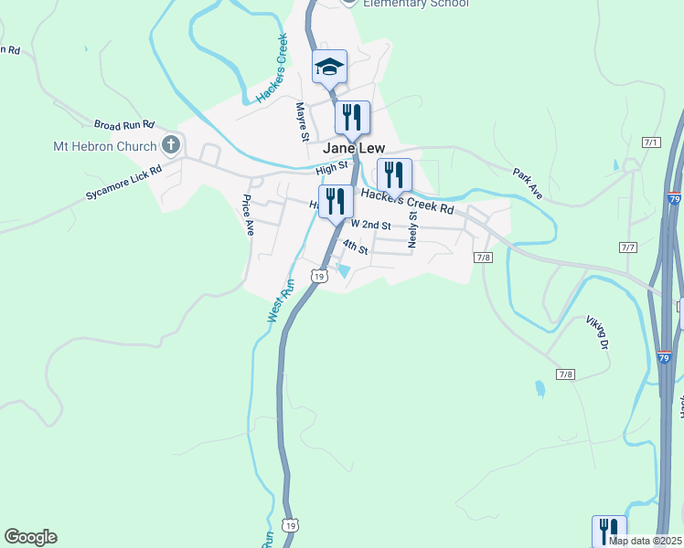 map of restaurants, bars, coffee shops, grocery stores, and more near Division Street in Jane Lew