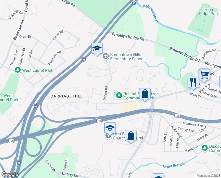 map of restaurants, bars, coffee shops, grocery stores, and more near 15613 Dorset Road in Laurel