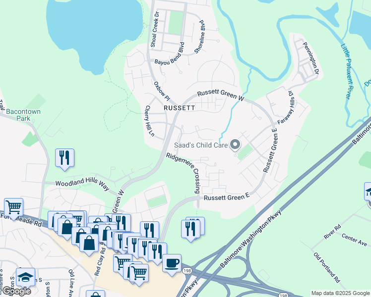 map of restaurants, bars, coffee shops, grocery stores, and more near 3430 Littleleaf Place in Laurel