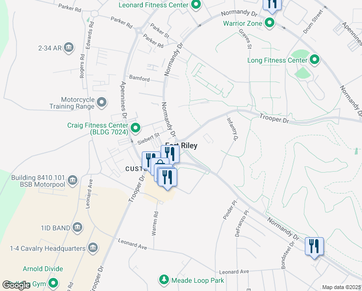 map of restaurants, bars, coffee shops, grocery stores, and more near in Fort Riley