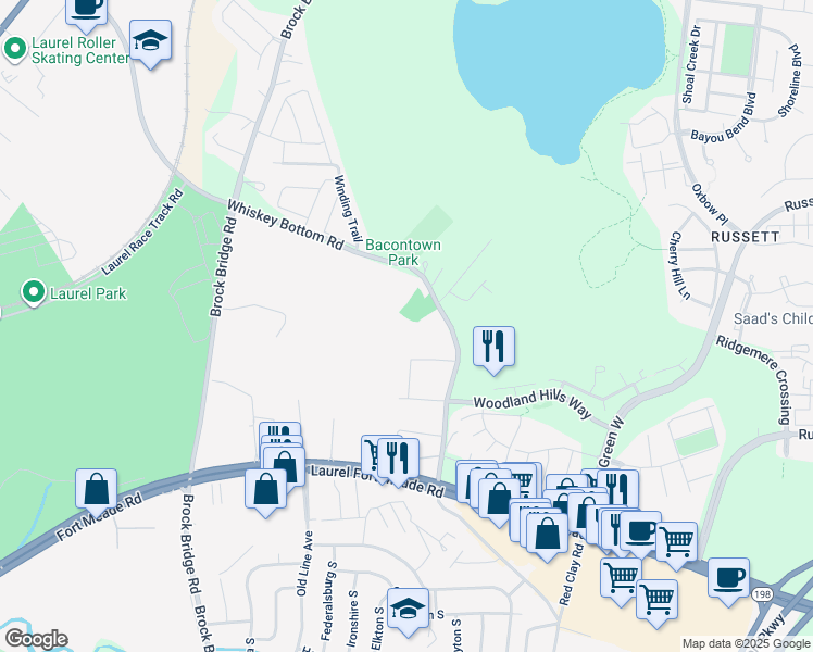 map of restaurants, bars, coffee shops, grocery stores, and more near 3586 Whiskey Bottom Road in Laurel