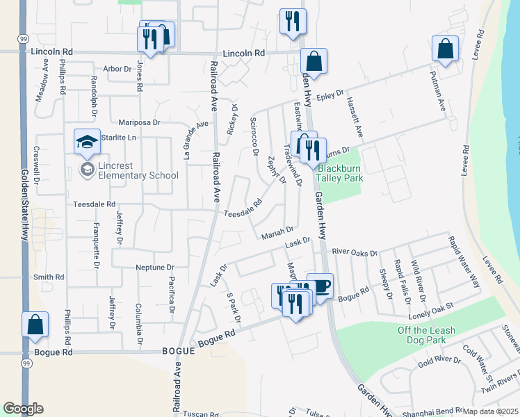 map of restaurants, bars, coffee shops, grocery stores, and more near 655 Windward Way in Yuba City