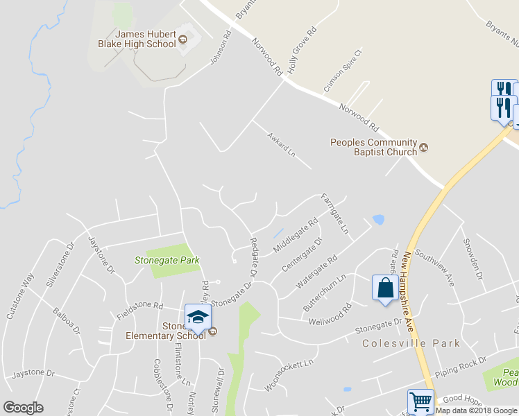map of restaurants, bars, coffee shops, grocery stores, and more near 15213 Rockport Drive in Silver Spring