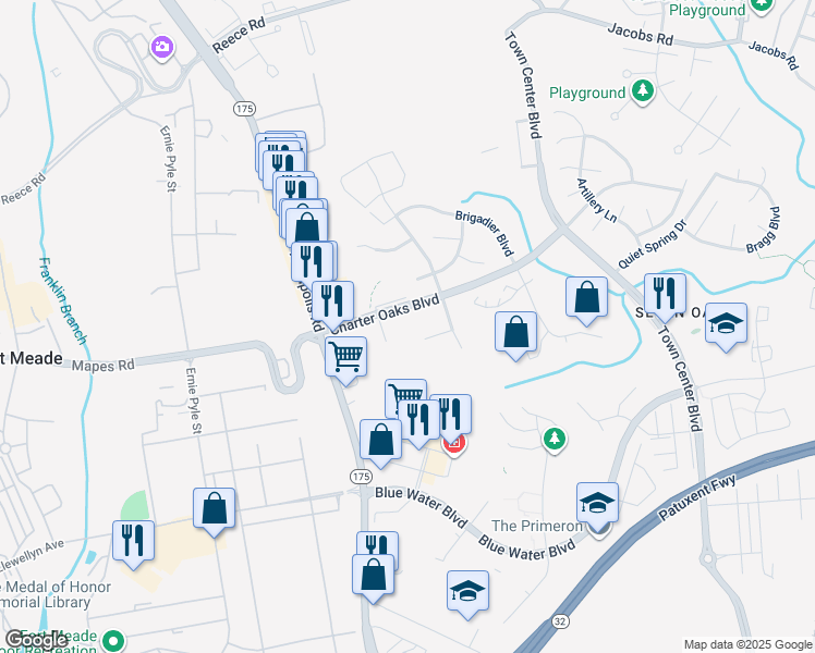 map of restaurants, bars, coffee shops, grocery stores, and more near 299 Saint Michaels Circle in Odenton
