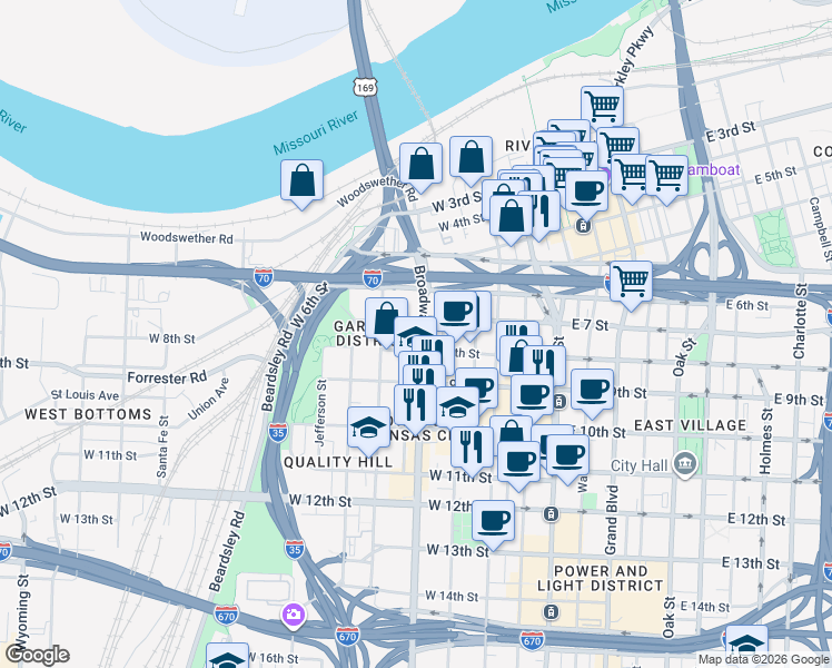 map of restaurants, bars, coffee shops, grocery stores, and more near in Kansas City