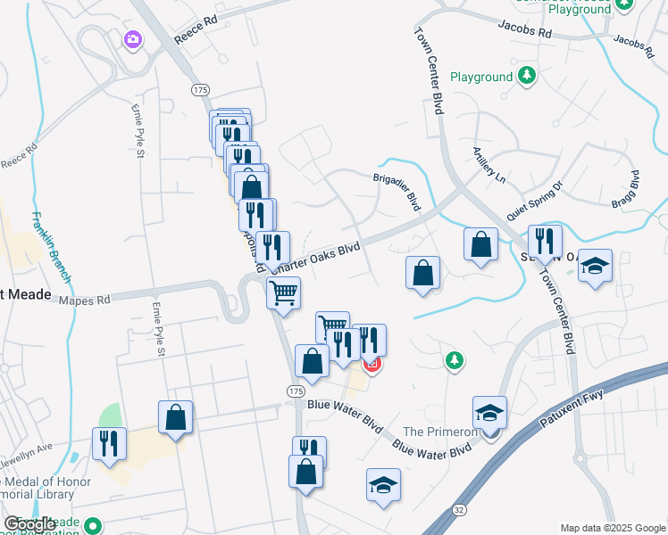 map of restaurants, bars, coffee shops, grocery stores, and more near 299 Saint Michaels Circle in Odenton