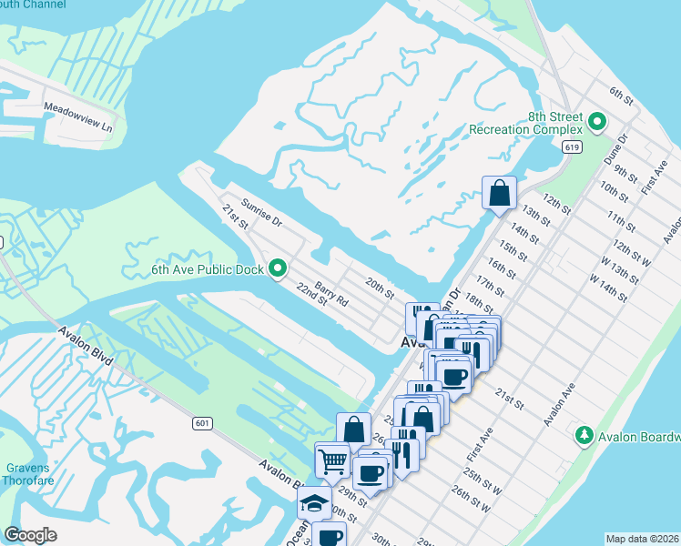 map of restaurants, bars, coffee shops, grocery stores, and more near 2101 5th Avenue in Avalon