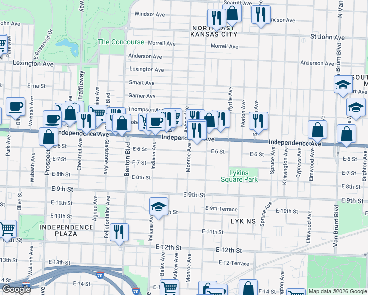 map of restaurants, bars, coffee shops, grocery stores, and more near in Kansas City