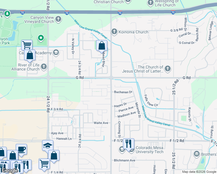 map of restaurants, bars, coffee shops, grocery stores, and more near 693 25 Road in Grand Junction