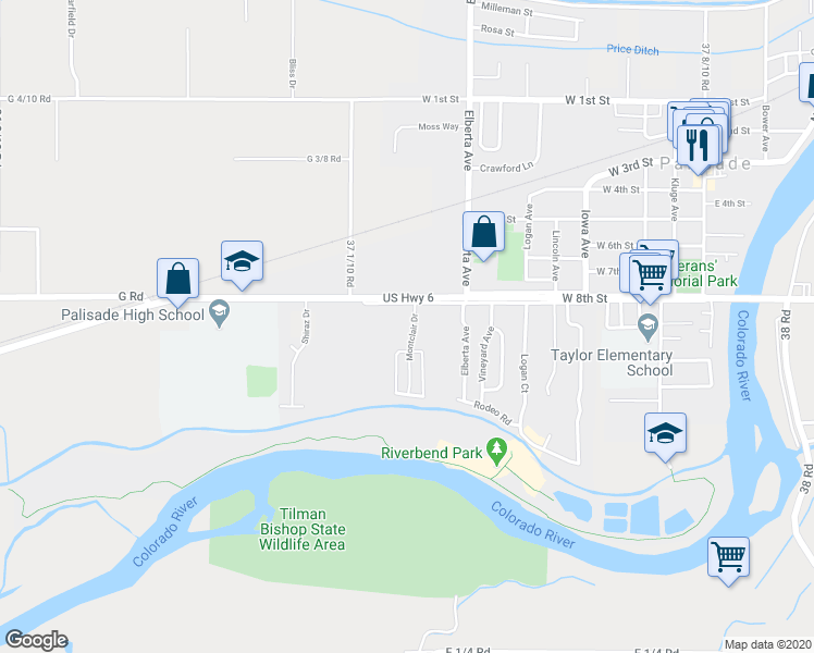 map of restaurants, bars, coffee shops, grocery stores, and more near 820 Montclair Drive in Palisade