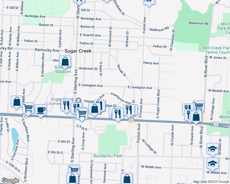 map of restaurants, bars, coffee shops, grocery stores, and more near 11501 East Thompson Street in Sugar Creek