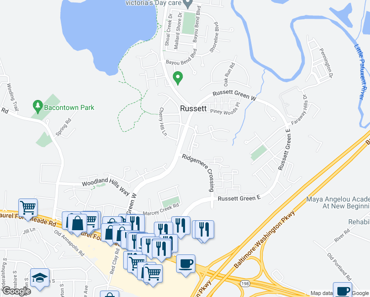 map of restaurants, bars, coffee shops, grocery stores, and more near 3421 Lindenwood Drive in Laurel