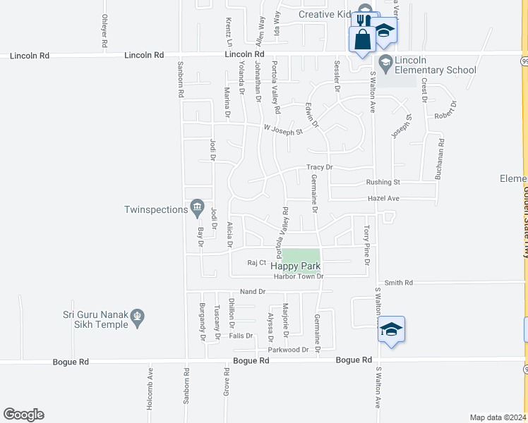 map of restaurants, bars, coffee shops, grocery stores, and more near 1511 Elden Court in Yuba City