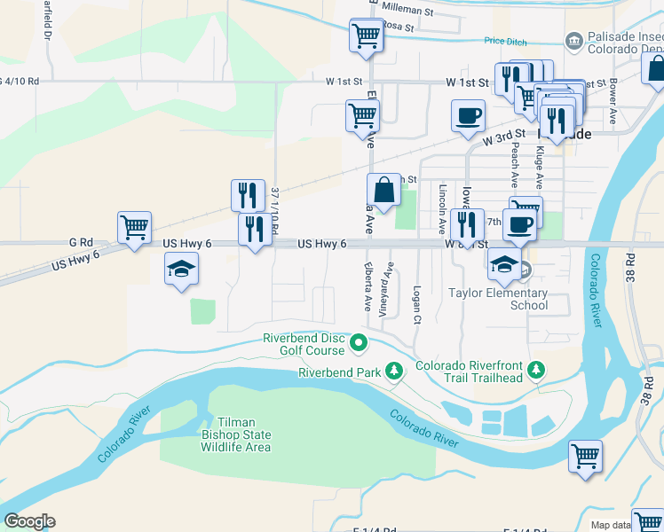 map of restaurants, bars, coffee shops, grocery stores, and more near 819 Montclair Drive in Palisade