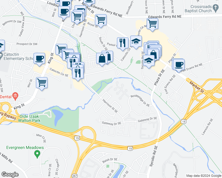 map of restaurants, bars, coffee shops, grocery stores, and more near 204 Shenandoah Street Southeast in Leesburg