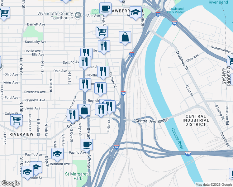 map of restaurants, bars, coffee shops, grocery stores, and more near 56 North Hallock Street in Kansas City